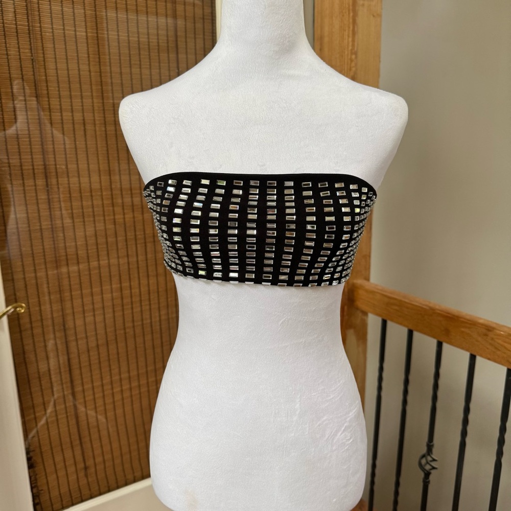 WeWoreWhat black crystal spandex bandeau top cropped strapless party - Picture 2 of 8
